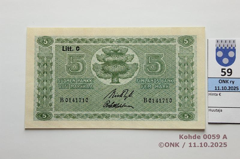 k-0059-a.jpg - Kohde 59, lhthinta: 45 € / myyntihinta: 58 € 5 mk 1922 LC SNY 132.4 B0141710 RYT-Wah, kunto: 9