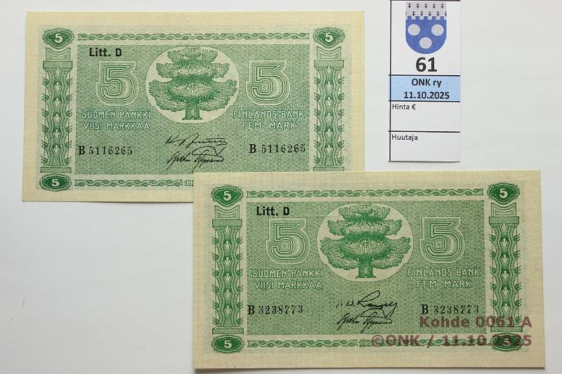 k-0061-a.jpg - Kohde 61, l�ht�hinta: 40 &euro; / ei tarjouksia 5 mk 1939 LD (2) SNY 133.1+.2 B
JUT-AAs, vl1, B
RAN-AAs, vl2, kunto: 9
