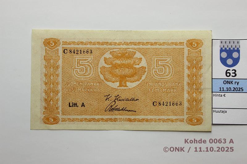 k-0063-a.jpg - Kohde 63 (kuva 1/2), l�ht�hinta: 5 &euro; / myyntihinta: 8 &euro; 5 mk 1945 LA SNY 134.1.1 C8421663 KIV-Wah, kunto: 7