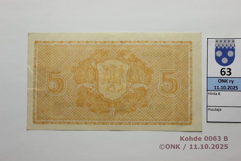 k-0063-b.jpg - Kohde 63 (kuva 2/2), lhthinta: 5 € / myyntihinta: 8 € 5 mk 1945 LA SNY 134.1.1 C8421663 KIV-Wah, kunto: 7