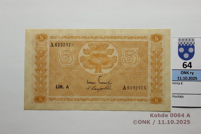 k-0064-a.jpg - Kohde 64, l�ht�hinta: 10 &euro; / myyntihinta: 14 &euro; 5 mk 1945 LA SNY 134.1.1 A8192975 TUO-Car, pr�ss�tty, kunto: 8