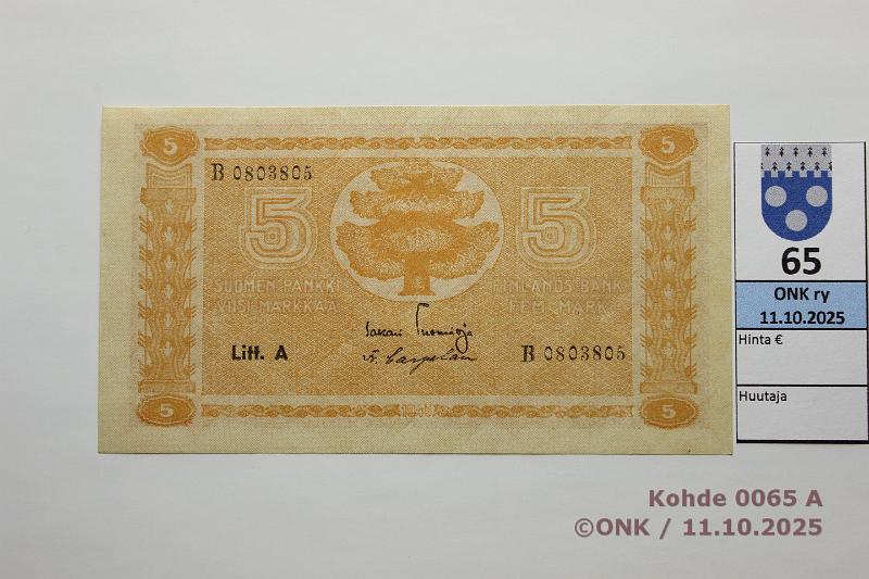 k-0065-a.jpg - Kohde 65, l�ht�hinta: 15 &euro; / myyntihinta: 19 &euro; 5 mk 1945 LA SNY 134.1.1 B0803805 TUO-Car, kunto: 9