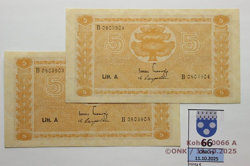 k-0066-a.jpg - Kohde 66, l�ht�hinta: 10 &euro; / myyntihinta: 13 &euro; 5 mk 1945 LA (2) SNY 134.1.1 B0803903-04 TUO-Car, 2 per�k., kunto: 7, 8