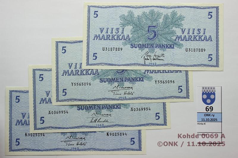 k-0069-a.jpg - Kohde 69 (kuva 1/2), lhthinta: 50 € / myyntihinta: 50 € 5 mk 1963 (8) SNY 135.1.1 K
SIM-He, M
SIM-Vou, Q
HET-Tr, R
VAL-Ara, S
SIM-Vou, U
KO I-Vou, Y
SIM-He, 
SIM-Luu, kunto: 7-9