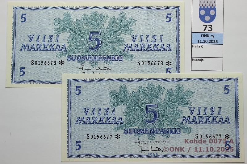 k-0073-a.jpg - Kohde 73, lhthinta: 220 € / ei tarjouksia 5 mk 1963 S* (2) SNY 135.2.3 S0156677-78* HET-Ara, 2 perk. korvaavaa, klemmarinjlki, kunto: 8
