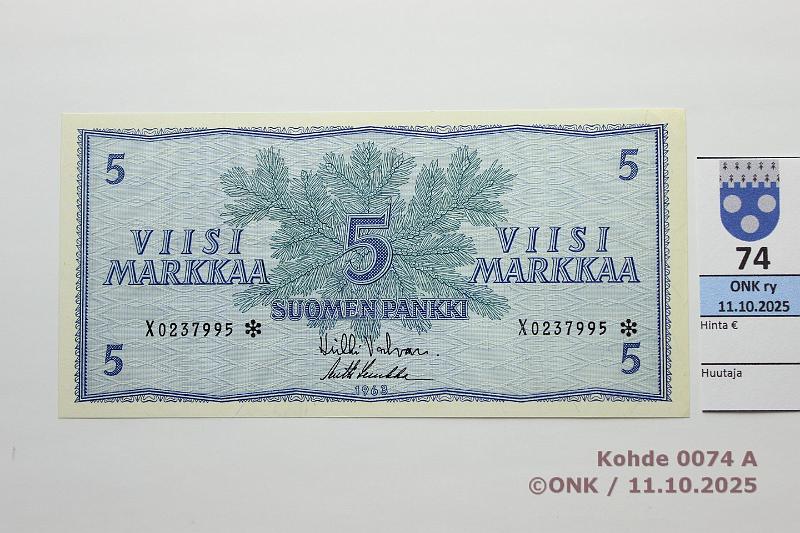 k-0074-a.jpg - Kohde 74, lhthinta: 150 € / ei tarjouksia 5 mk 1963 X* SNY 135.2.4 X0237995* VAL-Luu, korvaava, painuma nurkassa, kunto: 9