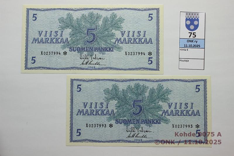 k-0075-a.jpg - Kohde 75, lhthinta: 300 € / ei tarjouksia 5 mk 1963 X* (2) SNY 135.2.4 X0237993-94* VAL-Luu, 2 perk. korvaavaa, kunto: 9