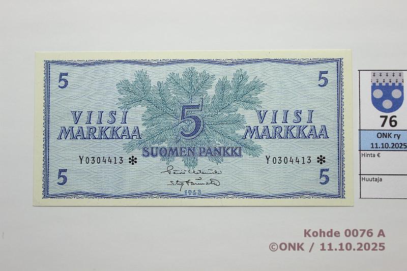 k-0076-a.jpg - Kohde 76, l�ht�hinta: 150 &euro; / ei tarjouksia 5 mk 1963 Y* SNY 135.2.5 Y0304413* HET-T�r, korvaava, kunto: 9
