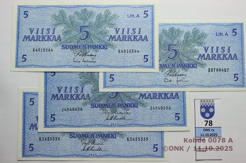 k-0078-a.jpg - Kohde 78, l�ht�hinta: 12 &euro; / myyntihinta: 18 &euro; 5 mk 1963 LA (4) SNY 135.3.1 J
HET-Luu, K
UUS-Luu, K
KU I-Hes, O
KU I-Leh, kunto: 8-9