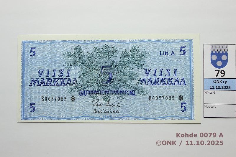 k-0079-a.jpg - Kohde 79, lhthinta: 30 € / myyntihinta: 30 € 5 mk 1963 LA B* SNY 135.4.2 B0057085* UUS-Ko1, korvaava, kunto: 9