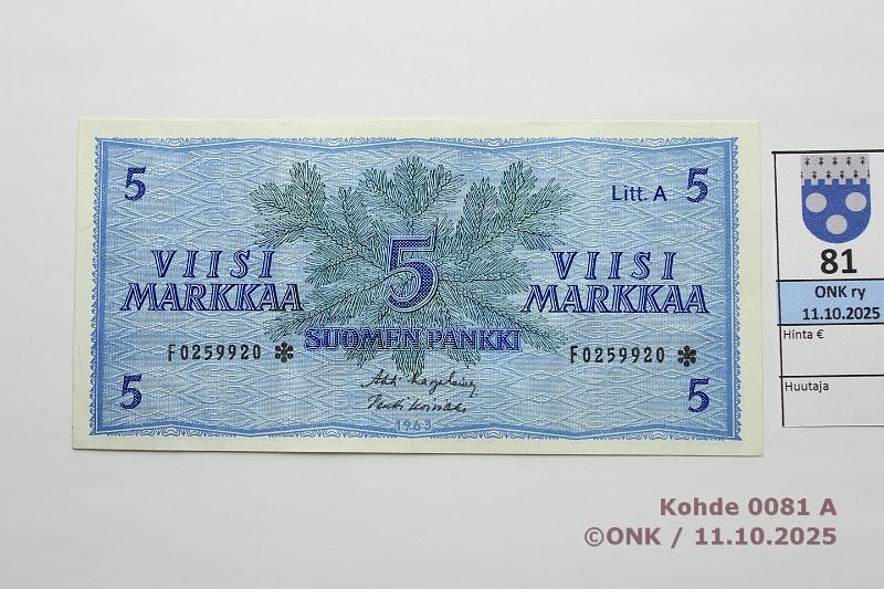 k-0081-a.jpg - Kohde 81, lhthinta: 20 € / ei tarjouksia 5 mk 1963 LA F* SNY 135.4.4 F0259920* KA I-Ko1, korvaava, kunto: 7
