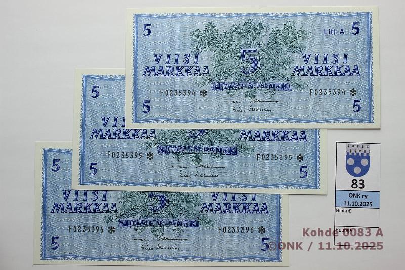 k-0083-a.jpg - Kohde 83, lhthinta: 100 € / ei tarjouksia 5 mk 1963 LA F* (3) SNY 135.4.4 F0235394 -96* AL I-Hes, 3 perk. korvaavaa, kunto: 9