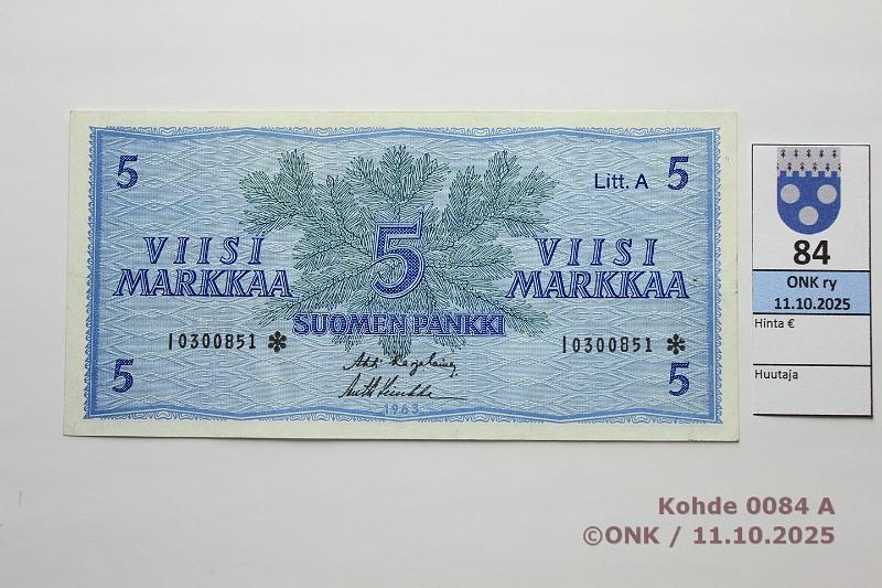 k-0084-a.jpg - Kohde 84, l�ht�hinta: 10 &euro; / ei tarjouksia 5 mk 1963 LA I* SNY 135.4.5 I0300851* KA I-Luu, korvaava, kunto: 5