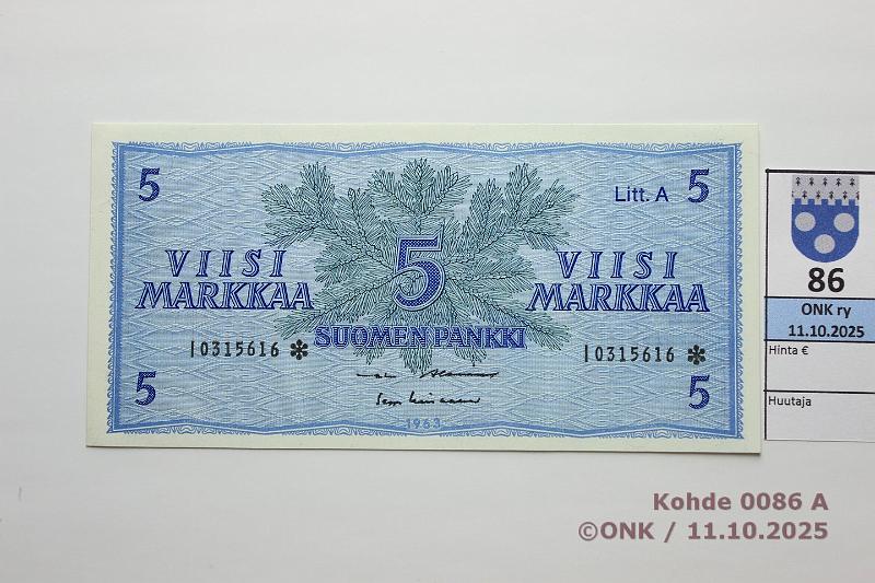k-0086-a.jpg - Kohde 86, lhthinta: 30 € / ei tarjouksia 5 mk 1963 LA I* SNY 135.4.5 I0315616* AL I-Lin, korvaava, kunto: 9
