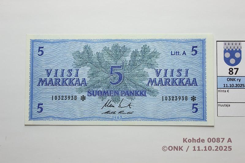 k-0087-a.jpg - Kohde 87, l�ht�hinta: 30 &euro; / ei tarjouksia 5 mk 1963 LA I* SNY 135.4.5 I0323938* KO II-Pu1, korvaava, kunto: 9