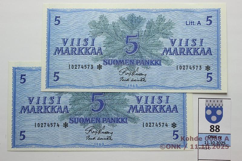 k-0088-a.jpg - Kohde 88, l�ht�hinta: 60 &euro; / ei tarjouksia 5 mk 1963 LA I* (2) SNY 135.4.5 I0274573-74* KU I-Ko1, 2 per�k. korvaavaa, kunto: 9