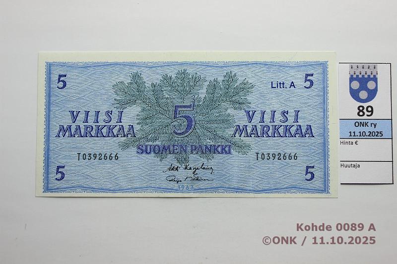 k-0089-a.jpg - Kohde 89 (kuva 1/2), lhthinta: 1200 € / ei tarjouksia 5 mk 1963 LA T-sarja SNY 135.4.7 T0392666 KA I-M I, korvaava, kunto: 9