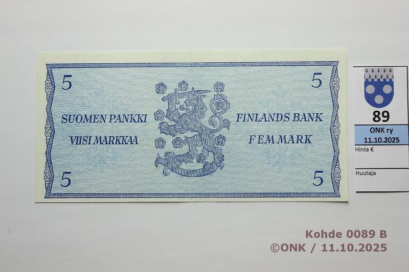 k-0089-b.jpg - Kohde 89 (kuva 2/2), lhthinta: 1200 € / ei tarjouksia 5 mk 1963 LA T-sarja SNY 135.4.7 T0392666 KA I-M I, korvaava, kunto: 9