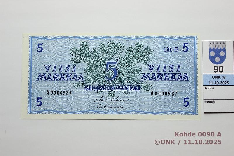 k-0090-a.jpg - Kohde 90, lhthinta: 10 € / myyntihinta: 10 € 5 mk 1963 LB SNY 135.5.1 A0000587 HOL-Ko1, pienehk n:o, kunto: 9