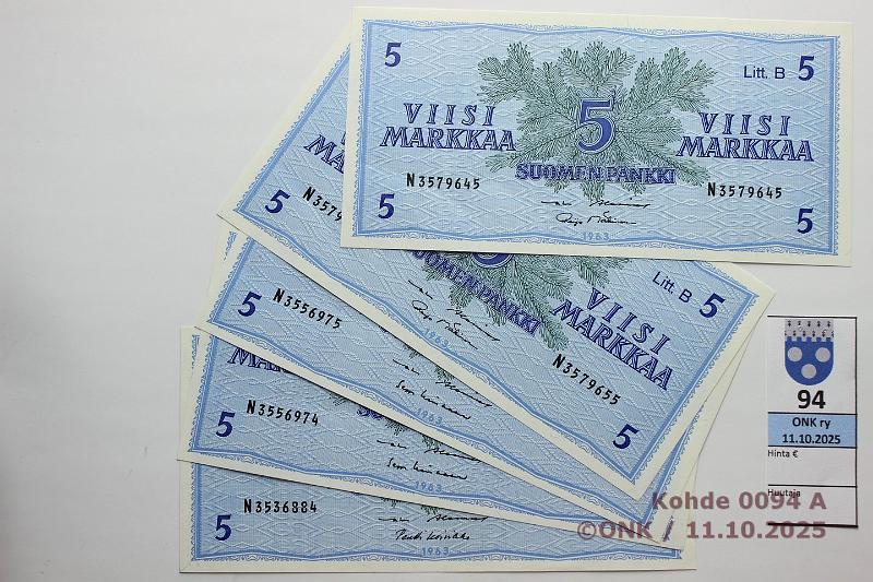 k-0094-a.jpg - Kohde 94, lhthinta: 10 € / myyntihinta: 10 € 5 mk 1963 LB (5) SNY 135.5.1 N
AL I-Lin, 2 perk., N
AL I-M1(2), N
AL I-Ko1, kunto: 7-8