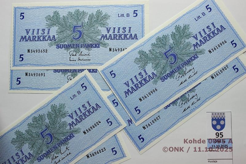 k-0095-a.jpg - Kohde 95, l�ht�hinta: 15 &euro; / myyntihinta: 15 &euro; 5 mk 1963 LB (6) SNY 135.5.1 N
KU I-Pu1, 2 per�k., N
KO II-Ko1, 2 per�k., N
UUS-Hes, 2 samasta pakasta, kunto: 9