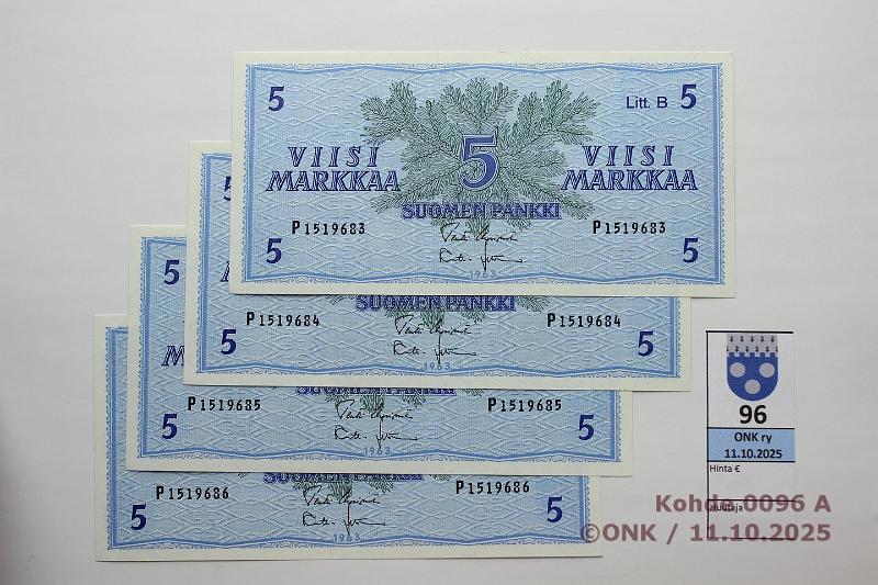 k-0096-a.jpg - Kohde 96, l�ht�hinta: 12 &euro; / myyntihinta: 12 &euro; 5 mk 1963 LB (4) SNY 135.5.1 P1519683-86 UUS-Leh, 4 per�k., kunto: 9