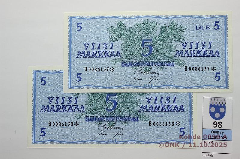 k-0098-a.jpg - Kohde 98, lhthinta: 20 € / myyntihinta: 21 € 5 mk 1963 LB B* (2) SNY 135.6.2 B0086157-58* KU I-Nar, 2 perk. korvaavaa, kunto: 9
