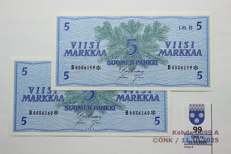 k-0099-a.jpg - Kohde 99, lhthinta: 20 € / myyntihinta: 22 € 5 mk 1963 LB B* (2) SNY 135.6.2 B0086159-60* KU I-Nar, 2 perk. korvaavaa, kunto: 9