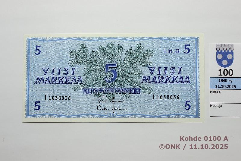 k-0100-a.jpg - Kohde 100, l�ht�hinta: 80 &euro; / ei tarjouksia 5 mk 1963 LB I-sarja SNY 135.6.4 I1038036 UUS-Leh, korvaava, kunto: 9