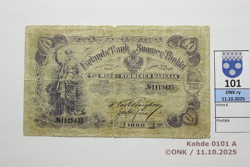 k-0101-a.jpg - Kohde 101 (kuva 1/2), l�ht�hinta: 50 &euro; / ei tarjouksia 10 mk 1898 SNY 140.1 1119435 BER-Ahl, 1. painos, rep�, reiki�, kunto: 2