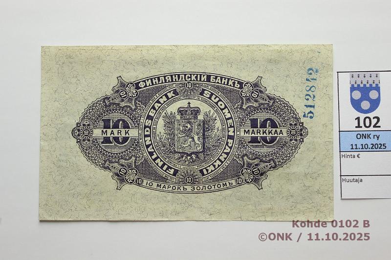 k-0102-b.jpg - Kohde 102 (kuva 2/2), lhthinta: 180 € / myyntihinta: 200 € 10 mk 1898 SNY 140.3 5603156, WEG-Lan, 2. painos, tp leima, kauniit vrit, kova paperi, kunto: 6