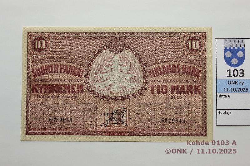 k-0103-a.jpg - Kohde 103 (kuva 1/2), lhthinta: 180 € / ei tarjouksia 10 mk 1918 SNY 142 6379844 BRG-Ml, voimakkaan punainen, kevet taitteet, kunto: 7