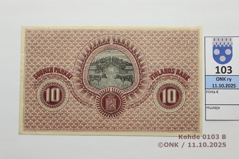 k-0103-b.jpg - Kohde 103 (kuva 2/2), lhthinta: 180 € / ei tarjouksia 10 mk 1918 SNY 142 6379844 BRG-Ml, voimakkaan punainen, kevet taitteet, kunto: 7