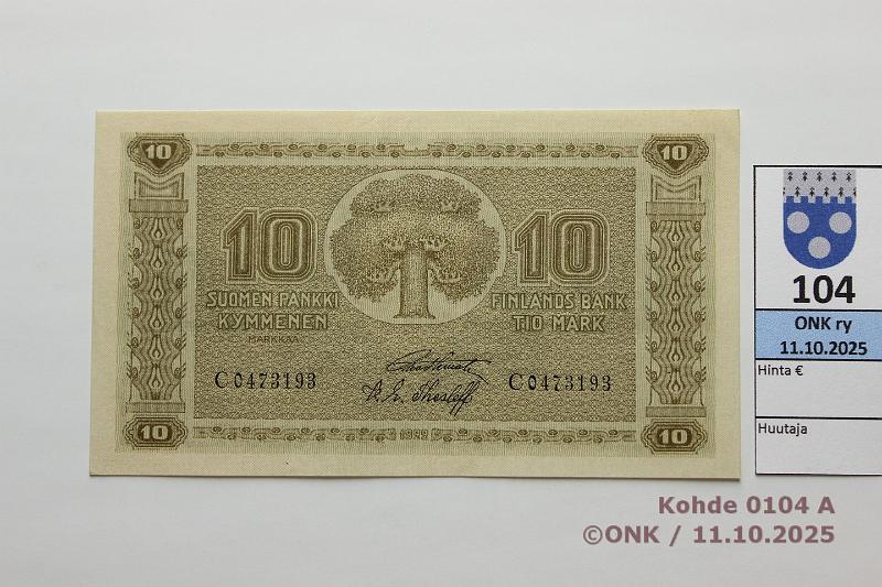 k-0104-a.jpg - Kohde 104 (kuva 1/2), l�ht�hinta: 50 &euro; / myyntihinta: 50 &euro; 10 mk 1922 SNY 143.1 C0473193 STE-The, kunto: 7