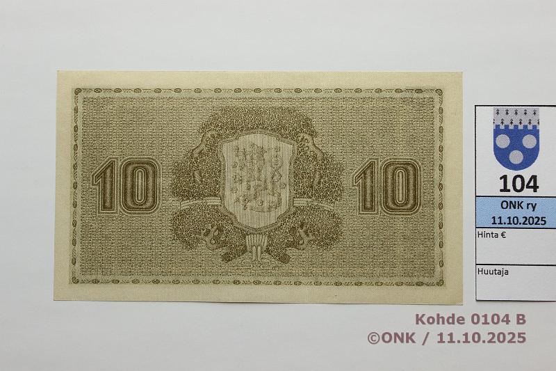 k-0104-b.jpg - Kohde 104 (kuva 2/2), l�ht�hinta: 50 &euro; / myyntihinta: 50 &euro; 10 mk 1922 SNY 143.1 C0473193 STE-The, kunto: 7