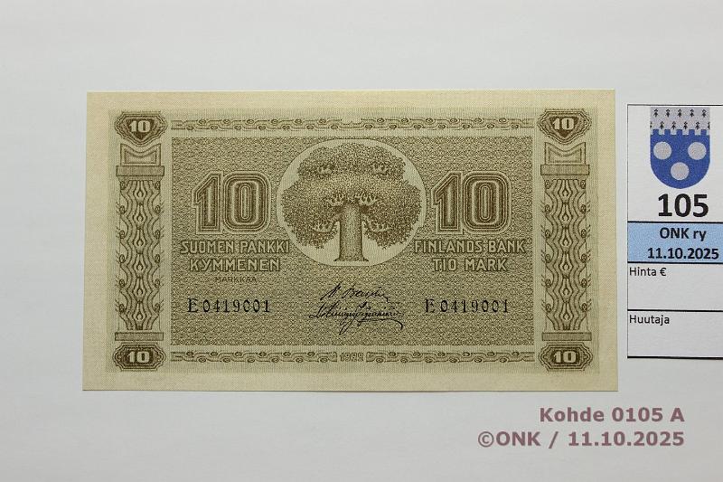 k-0105-a.jpg - Kohde 105, l�ht�hinta: 90 &euro; / myyntihinta: 92 &euro; 10 mk 1922 SNY 143.1 E0419001 BA II-His, kunto: 9