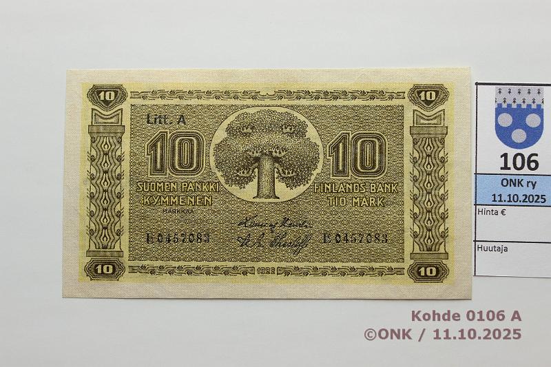 k-0106-a.jpg - Kohde 106 (kuva 1/2), l�ht�hinta: 90 &euro; / myyntihinta: 120 &euro; 10 mk 1922 LA SNY 143.2 E0457083 HEU-The, kunto: 9