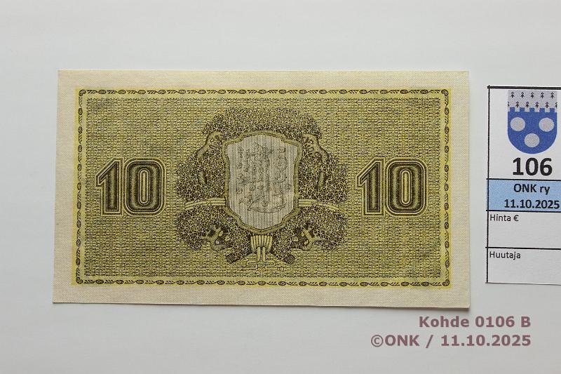 k-0106-b.jpg - Kohde 106 (kuva 2/2), l�ht�hinta: 90 &euro; / myyntihinta: 120 &euro; 10 mk 1922 LA SNY 143.2 E0457083 HEU-The, kunto: 9