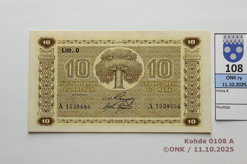 k-0108-a.jpg - Kohde 108, lhthinta: 100 € / ei tarjouksia 10 mk 1939 LD SNY 144.1.1 A1539666 RAN-AAs, kk1, vl1, kunto: 9