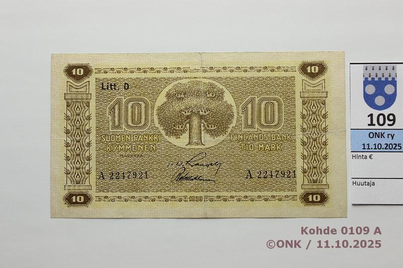 k-0109-a.jpg - Kohde 109, l�ht�hinta: 15 &euro; / myyntihinta: 15 &euro; 10 mk 1939 LD SNY 144.1.2 A2247921 RAN-Wah, kk1, vl2, kunto: 4