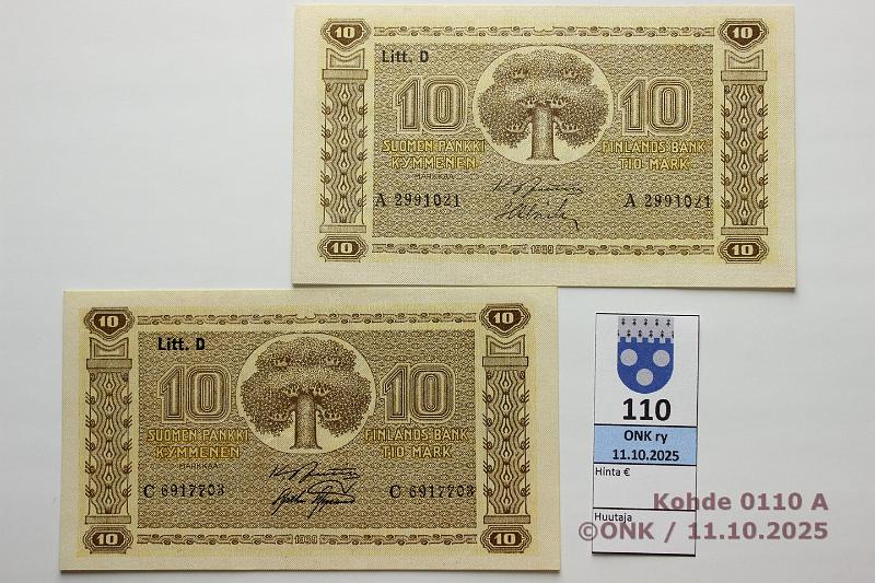 k-0110-a.jpg - Kohde 110, lhthinta: 30 € / myyntihinta: 30 € 10 mk 1939 LD (2) SNY 144.2.1+.2 C6917703 JUT-AAs, kk2, vl1; A2991021 JUT-Als, kk2, vl2, kunto: 7, 8