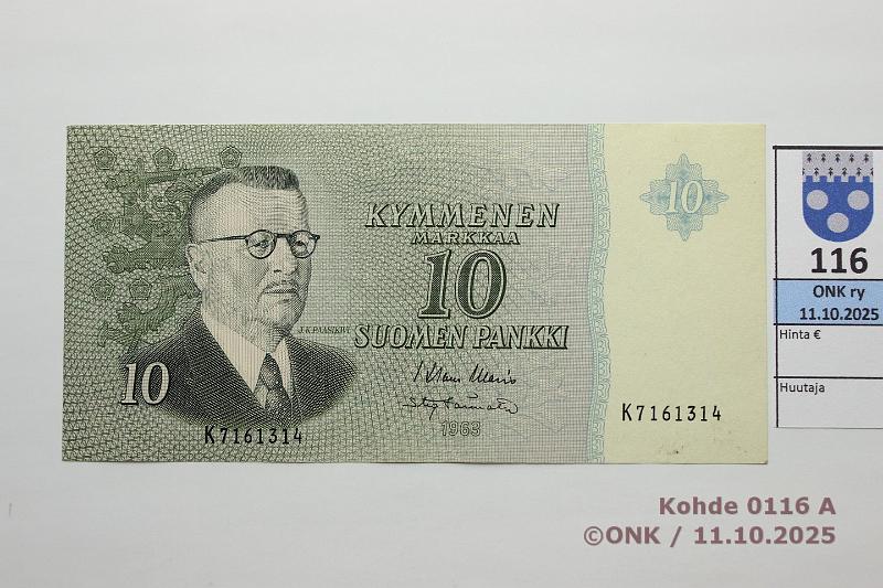 k-0116-a.jpg - Kohde 116 (kuva 1/2), lhthinta: 10 € / myyntihinta: 17 € 10 mk 1963 SNY 146.1.3 K7161314 WAR-Tr, vl2, mattapinta, prsstty?, kunto: 6