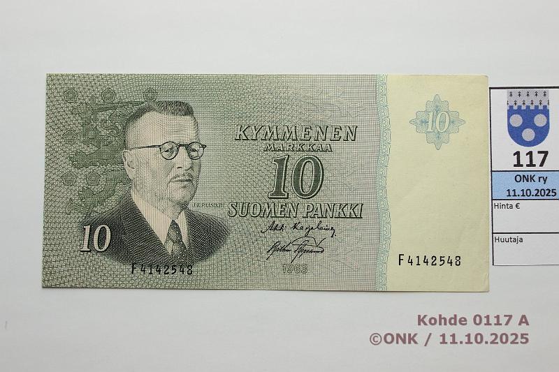 k-0117-a.jpg - Kohde 117, l�ht�hinta: 20 &euro; / ei tarjouksia 10 mk 1963 SNY 146.1.3 F4142548 KA I-AAs, vl2, pehme�t taitteet, kunto: 7