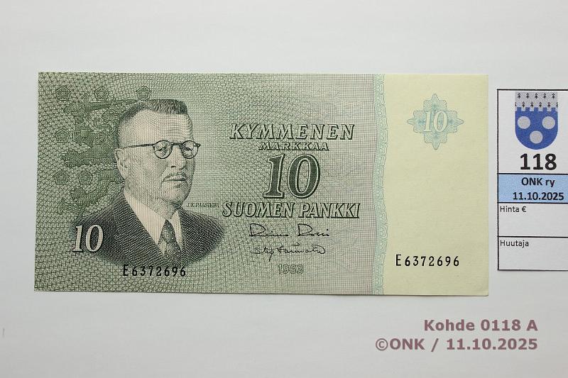 k-0118-a.jpg - Kohde 118, lhthinta: 25 € / myyntihinta: 32 € 10 mk 1963 SNY 146.1.3 E6372696 RO I-Tr, vl2, kulmataitteet, kunto: 8