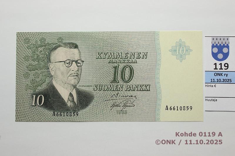 k-0119-a.jpg - Kohde 119, l�ht�hinta: 35 &euro; / ei tarjouksia 10 mk 1963 SNY 146.1.3 A6610859 SIM-AAs, vl2, kunto: 9