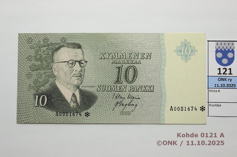 k-0121-a.jpg - Kohde 121 (kuva 1/2), lhthinta: 400 € / myyntihinta: 400 € 10 mk 1963 A* SNY 146.2.1.2 A0081674* WAR-Eng, vl2, korvaava, ex-SNY, kunto: 9