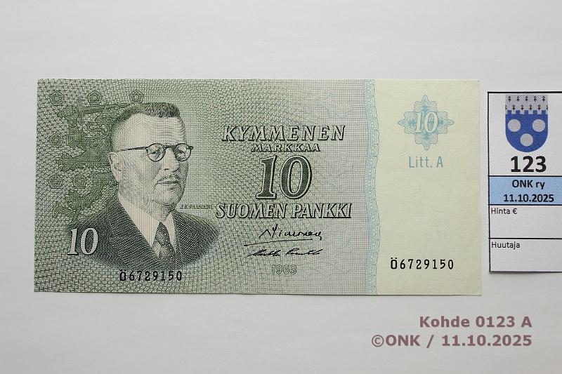 k-0123-a.jpg - Kohde 123, l�ht�hinta: 8 &euro; / myyntihinta: 12 &euro; 10 mk 1963 LA SNY 146.3.1 �6729150 SIM-Pu1, kulmataite, kunto: 8