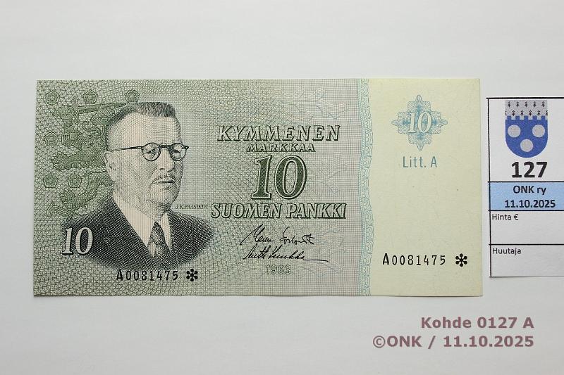 k-0127-a.jpg - Kohde 127, lhthinta: 35 € / myyntihinta: 35 € 10 mk 1963 LA A* SNY 146.4.1 A0081475* KO I-Luu, korvaava, kunto: 7