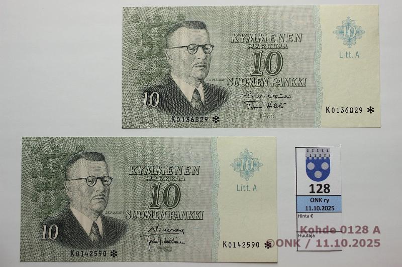 k-0128-a.jpg - Kohde 128, lhthinta: 30 € / myyntihinta: 30 € 10 mk 1963 LA K* (2) SNY 146.4.2 SIM-Vou, HET-He, matta, korvaavia, kunto: 7