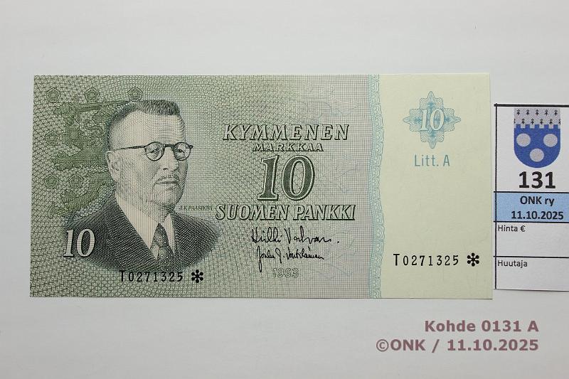 k-0131-a.jpg - Kohde 131, l�ht�hinta: 25 &euro; / myyntihinta: 25 &euro; 10 mk 1963 LA T* SNY 146.4.3 T0271325* VAL-Vou, korvaava, kunto: 9